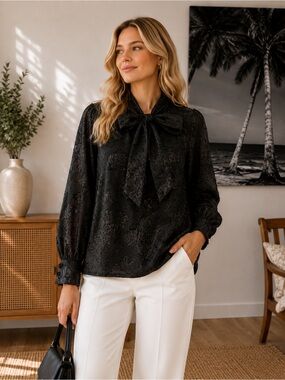 Worthington Black Floral Bow-Tie Blouse